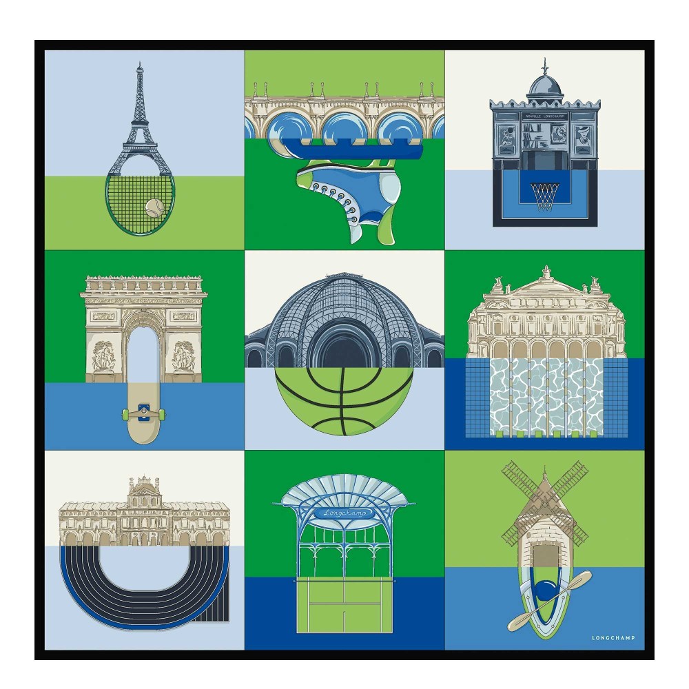 LONGCHAMP FOULARD EN SOIE CARRE 90CM ENERGIC CITY VERT